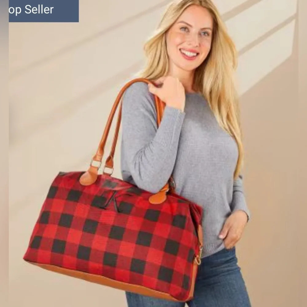 - Lakeside Collection Monogramed Red and Black Plaid Overnight Bag Letter “T”